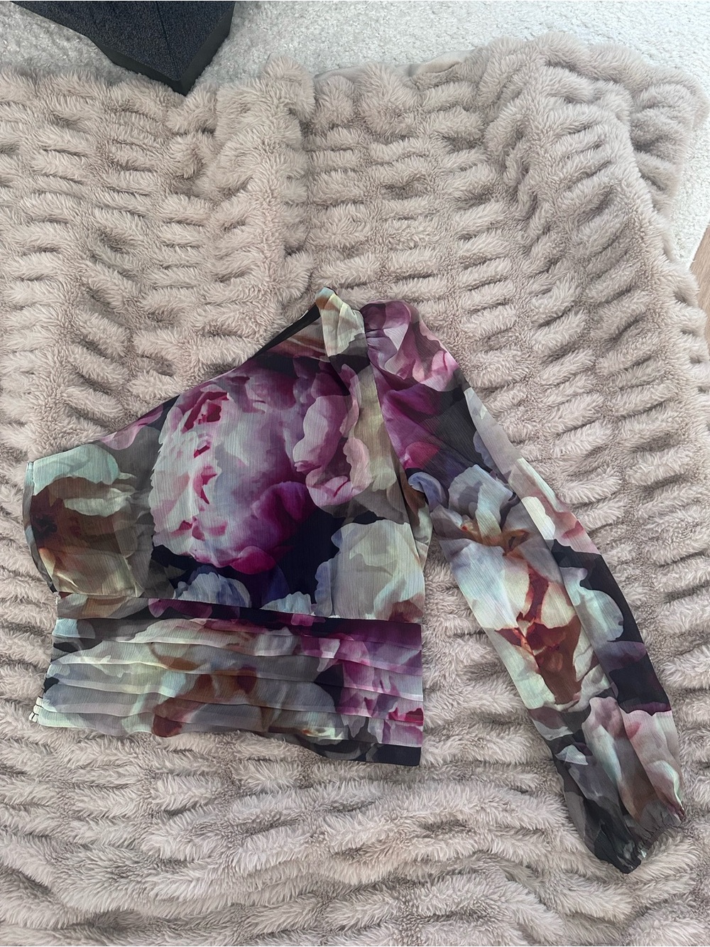 Express Floral One-Shoulder Chiffon Top in Black, Purple, and Cream- NWOT